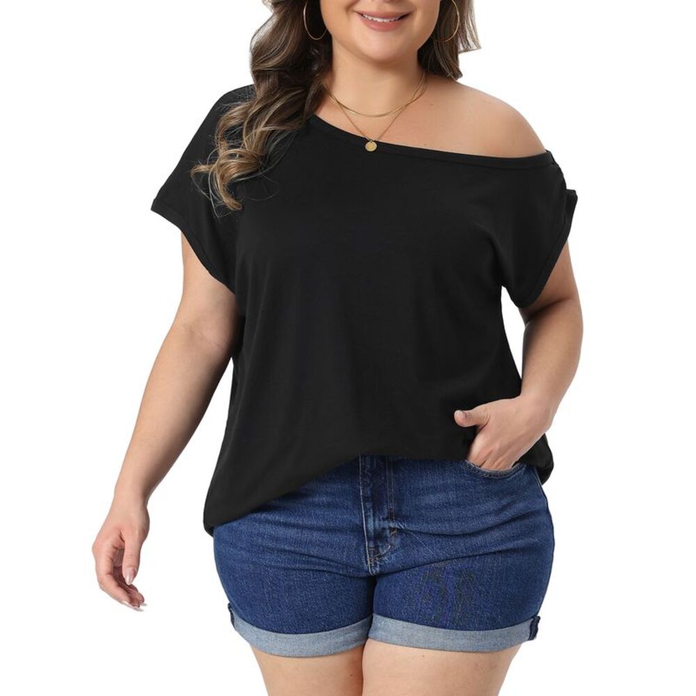 Women Plus Size Summer Tops One Shoulder Short Sleeve Blouse Black